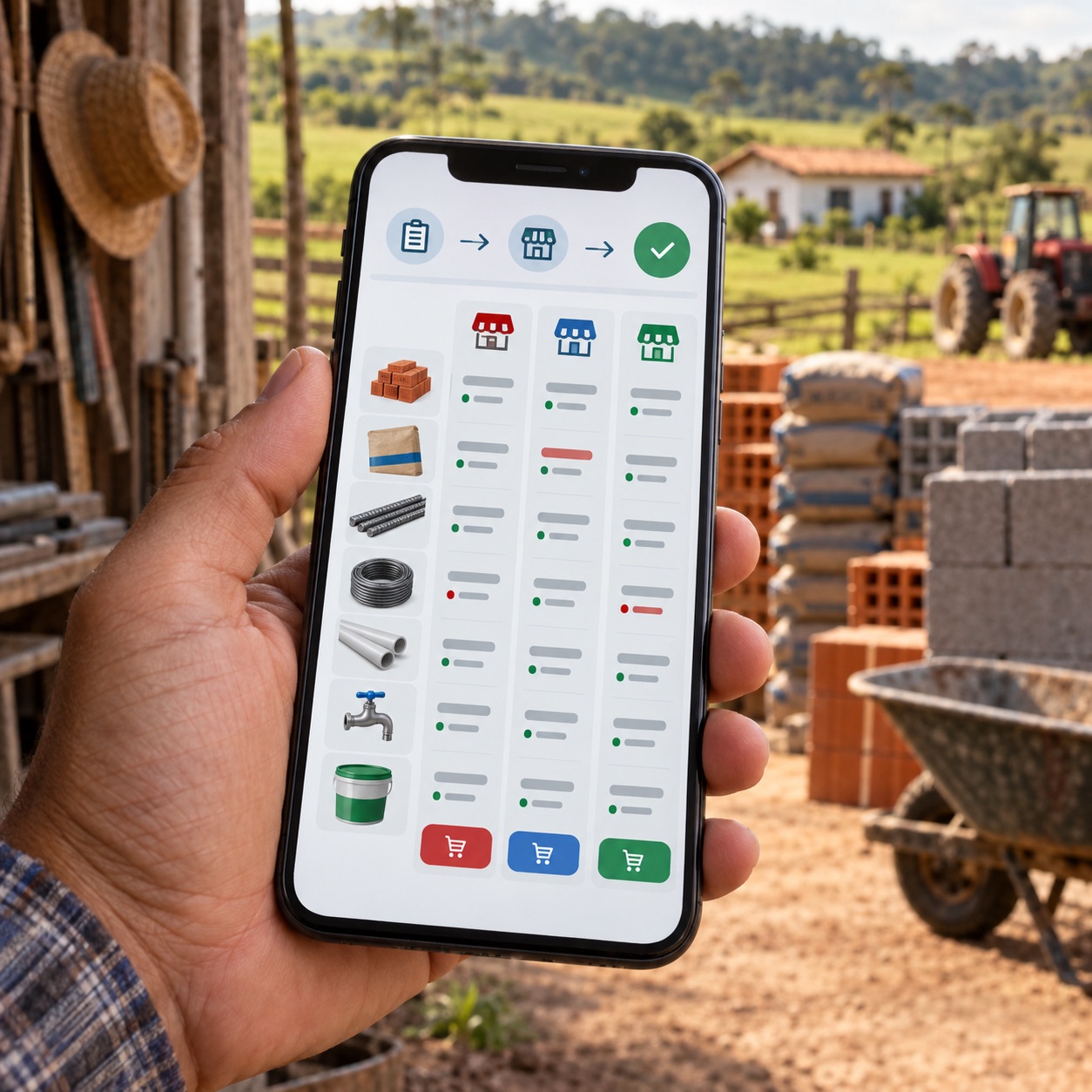 tela do app com a lista de materiais enviada para 3 lojas e os 3 preços lado a lado