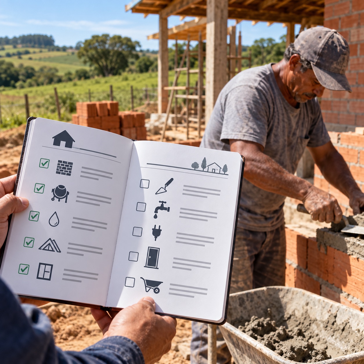 guia aberto mostrando um checklist de conferência de obra ao lado de um pedreiro no canteiro