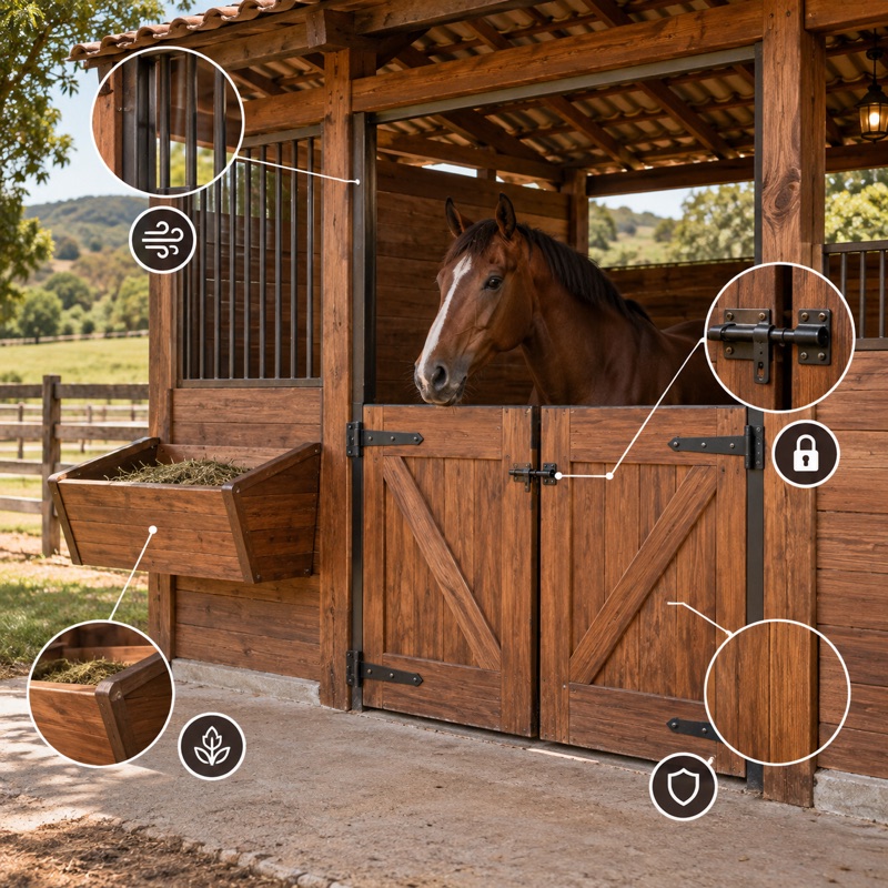 baia de madeira com cavalo, cocho e porta de duas folhas