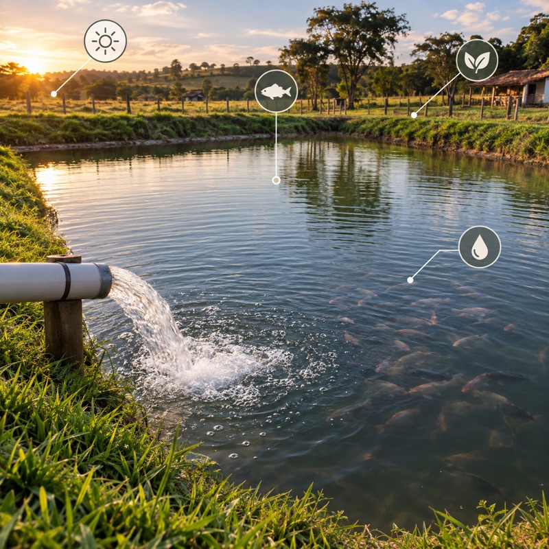 tanque de peixe escavado com borda gramada e cano de abastecimento