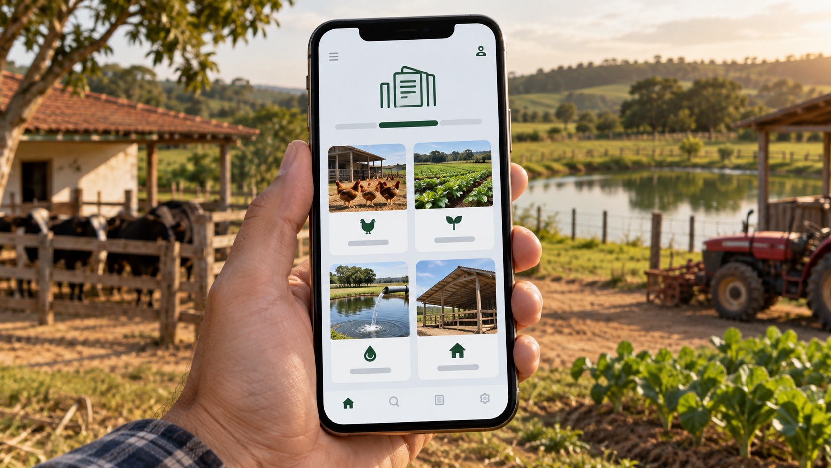 Tela inicial do app no celular: "150 projetos" no topo e quatro blocos com foto — Criação, Produção, Água e Estrutura — mostrando que tudo está separado por tipo de obra