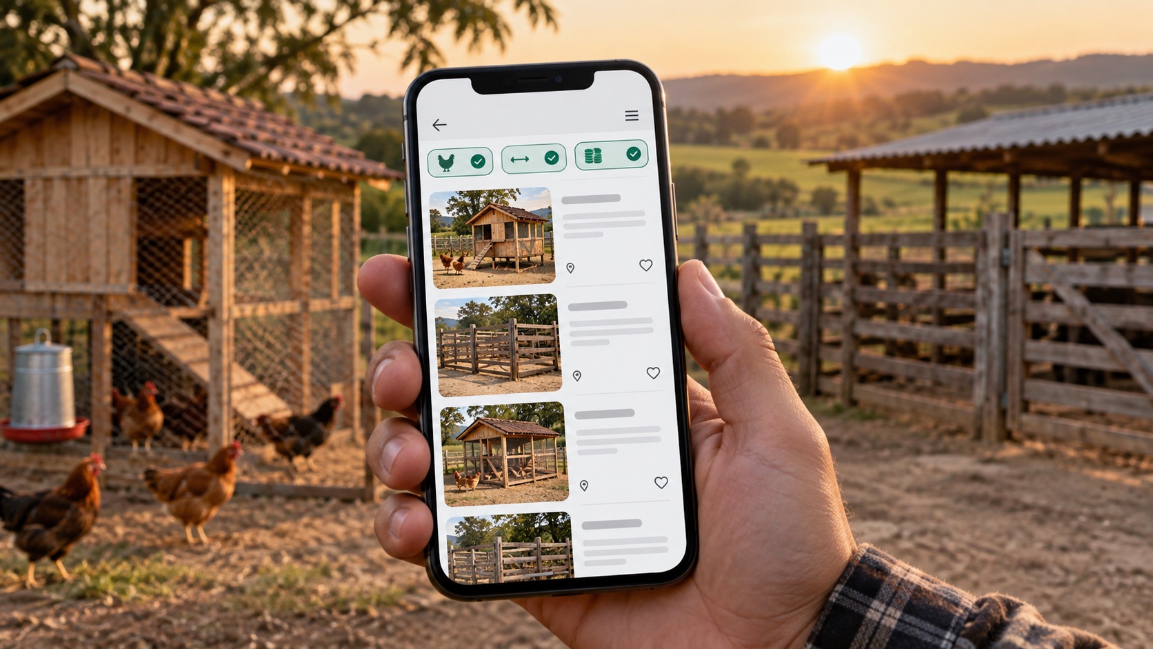 Tela de busca do app: filtros "Animal", "Tamanho" e "Orçamento até R$ 2 mil" marcados, com a lista de galinheiros e currais que cabem no filtro, mostrando que a obra certa aparece em segundos