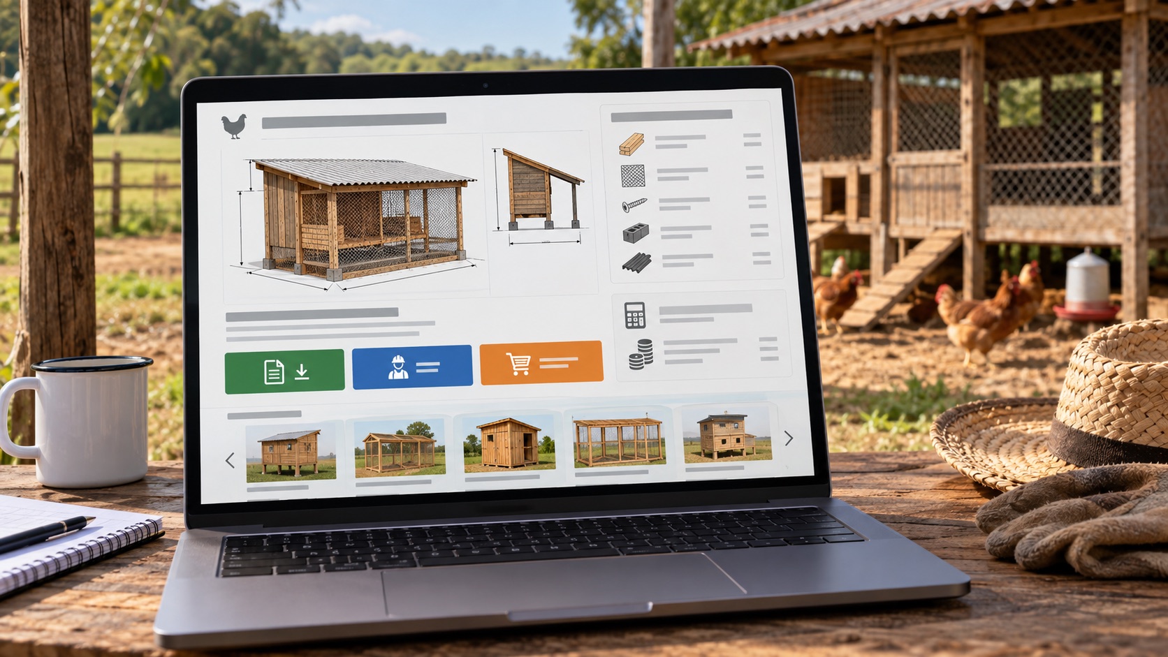 Tela do projeto "Galinheiro para 50 aves": planta com medidas, vista lateral, lista de materiais com quantidades, custo estimado e os botões "Baixar PDF", "Ficha do Pedreiro" e "Mandar para a loja", com projetos relacionados embaixo
